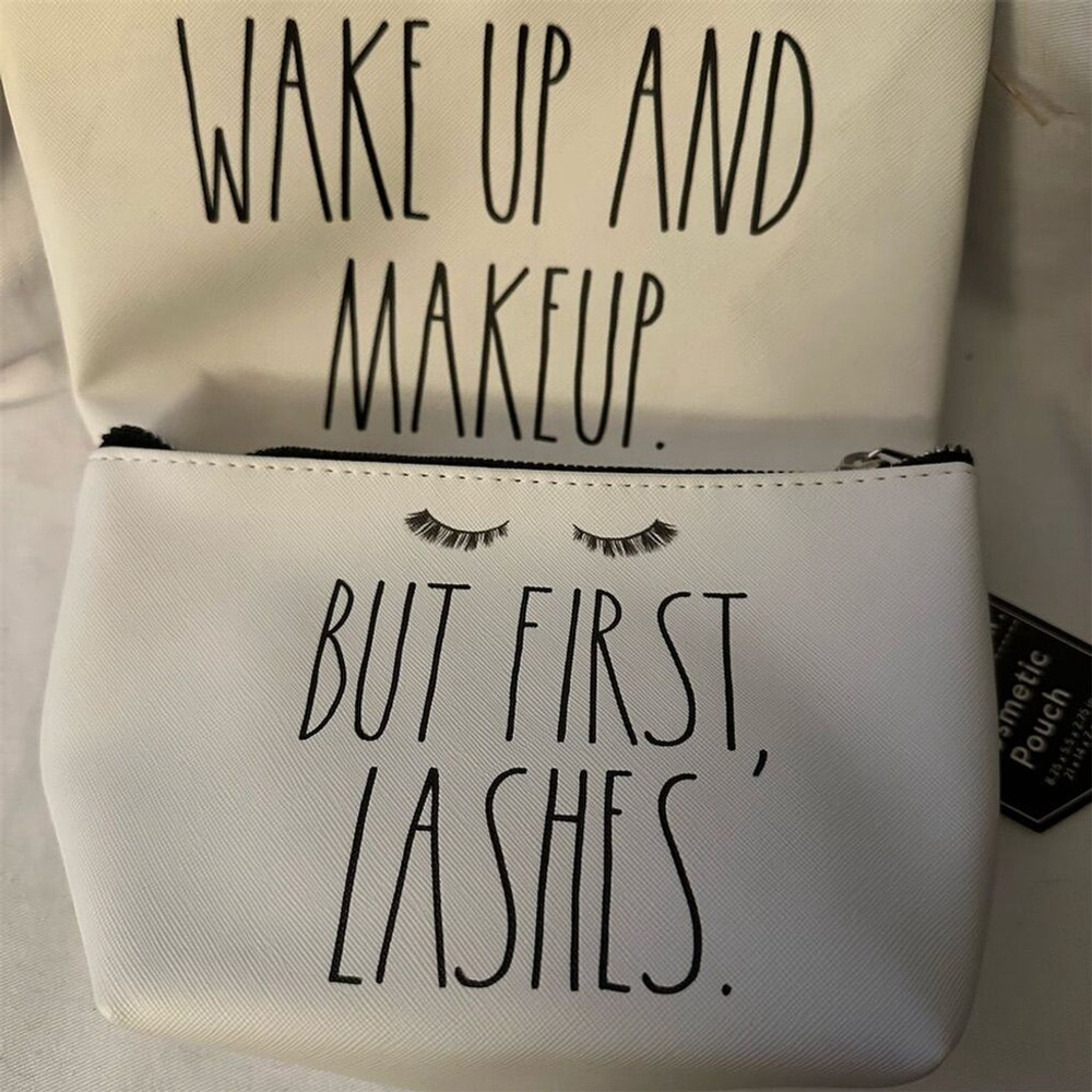 Rae Dunn Makeup Bag Set But First, Lashes & Wake Up and Makeup (White)